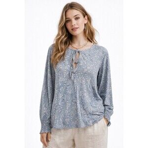 Lucky Brand M Tie Neck Paisley Print Blue Long Sleeve Boho Blouse Top Casual